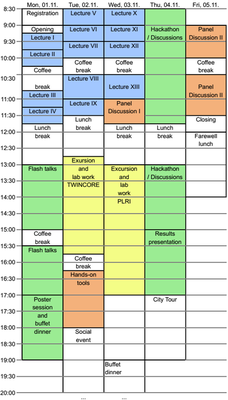 *SyMDROID schedule (preliminary).  Blue marks teacher-centered times, green indicates participant-centered times, orange corresponds to mixed-times, and yellow indicates lab work.*
